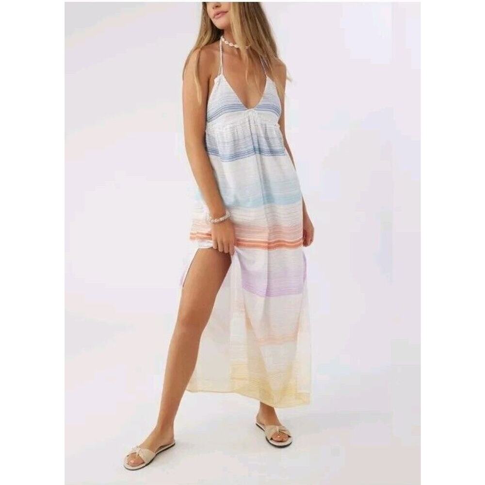EUC O'NEILL Langley Striped Halter Cotton Poly Backless Maxi Dress Large NWT